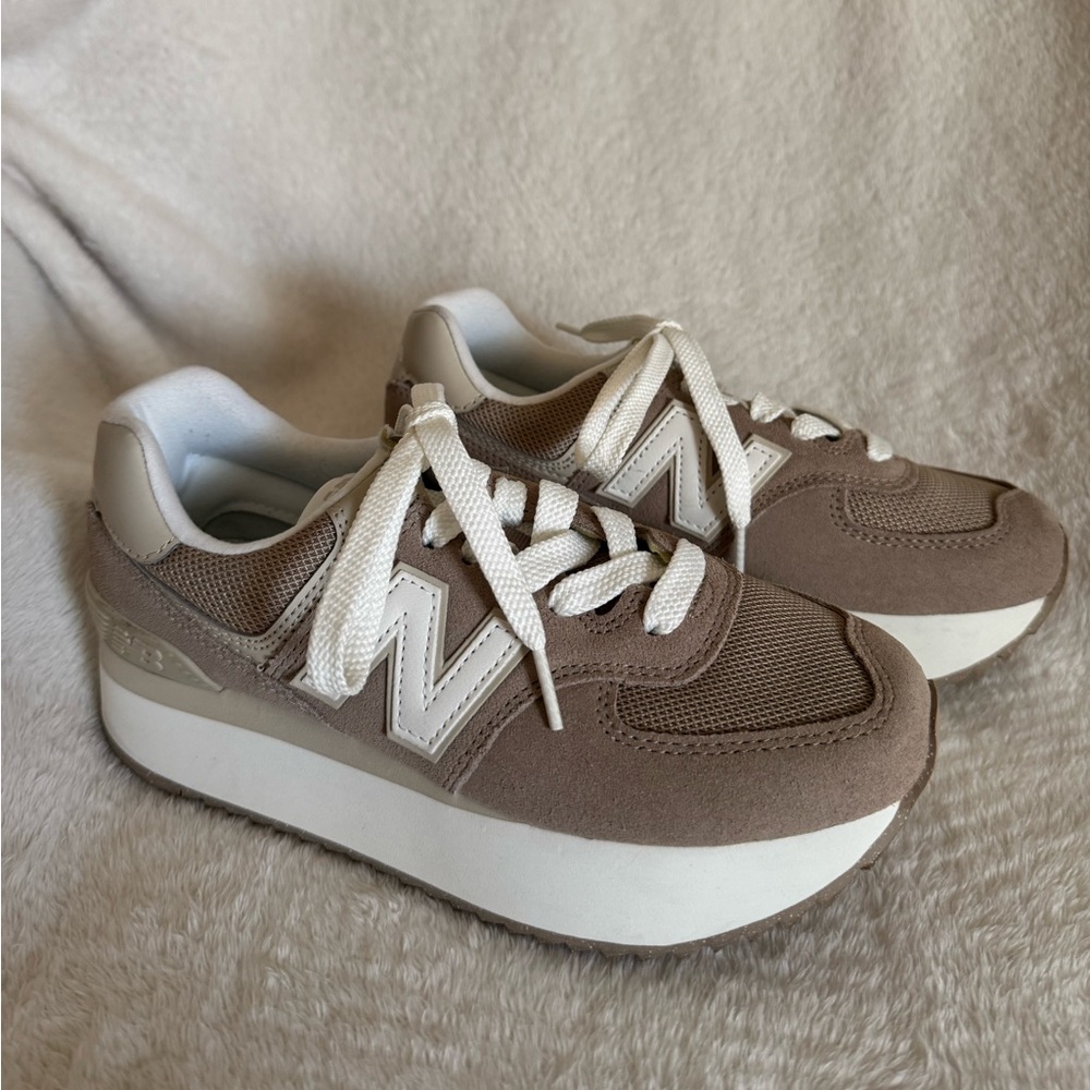 New Balance Taupe and White Platform Sneakers